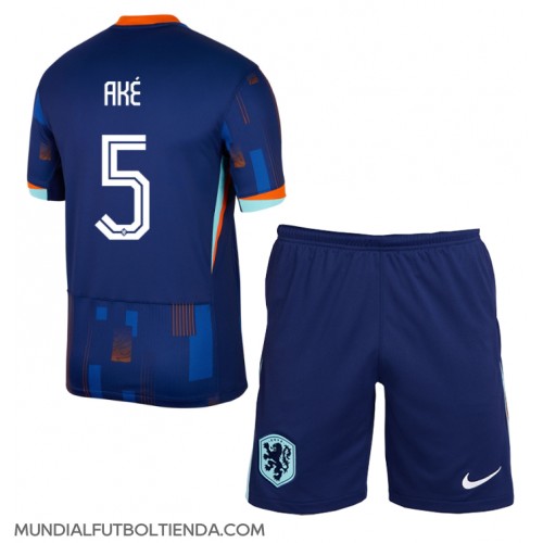 Camiseta Países Bajos Nathan Ake #5 Segunda Equipación Replica Eurocopa 2024 para niños mangas cortas (+ Pantalones cortos)